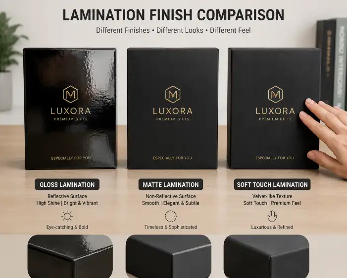 Three custom gift boxes side by side showing the difference between gloss lamination reflective surface matte lamination non-reflective smooth surface and soft touch lamination velvet-like texture with hand touching the soft touch box