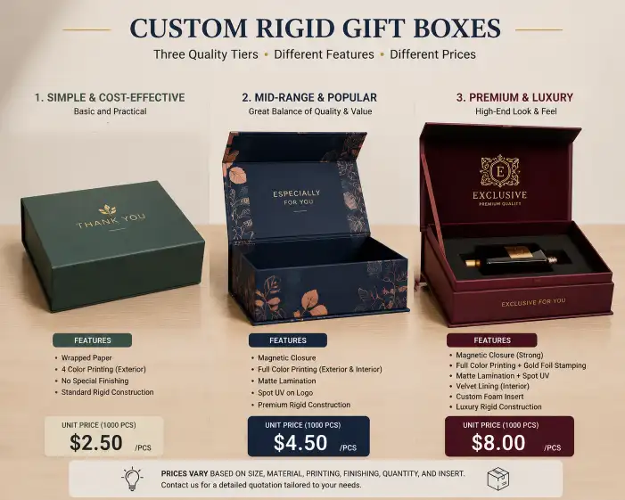 Three custom rigid gift boxes at different price tiers — a simple wrapped box at $2.50, a mid-range box with magnetic closure and full printing at $4.50, and a premium box with foil stamping, velvet lining, and foam insert at $8.00