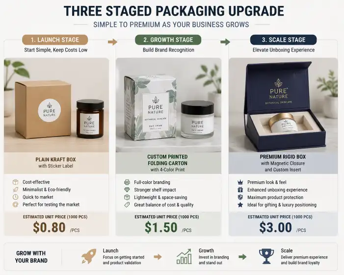 Three staged packaging upgrade examples for a growing business — launch stage (plain kraft box with sticker label at $0.80), growth stage (custom printed folding carton with 4-color print at $1.50), and scale stage (premium rigid box with magnetic closure and insert at $3.00) — showing visual progression from simple to premium