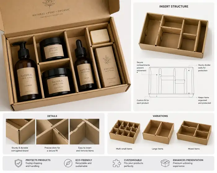 cardboard box insert divider structure for holding multiple items in a gift set