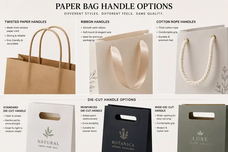 close up of different paper bag handle types twisted paper ribbon cotton rope and die-cut handle options