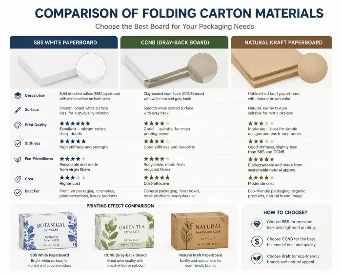 comparison of SBS white paperboard CCNB gray-back board and natural kraft paperboard for folding carton printing