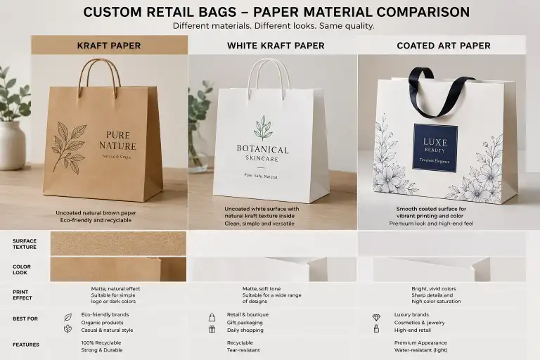 comparison of kraft paper white kraft and coated art paper custom retail bags showing different textures and colors