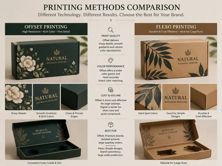 comparison of offset digital and flexo printed boxes showing print quality differences on rigid gift boxes