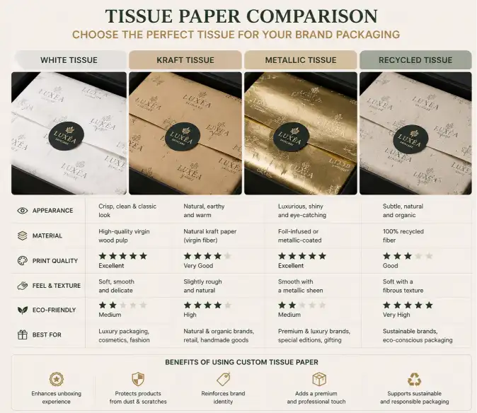 comparison of white tissue kraft tissue metallic tissue and recycled tissue paper sheets