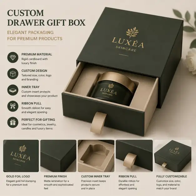 custom drawer gift box with inner tray partially slid out revealing a product inside with ribbon pull