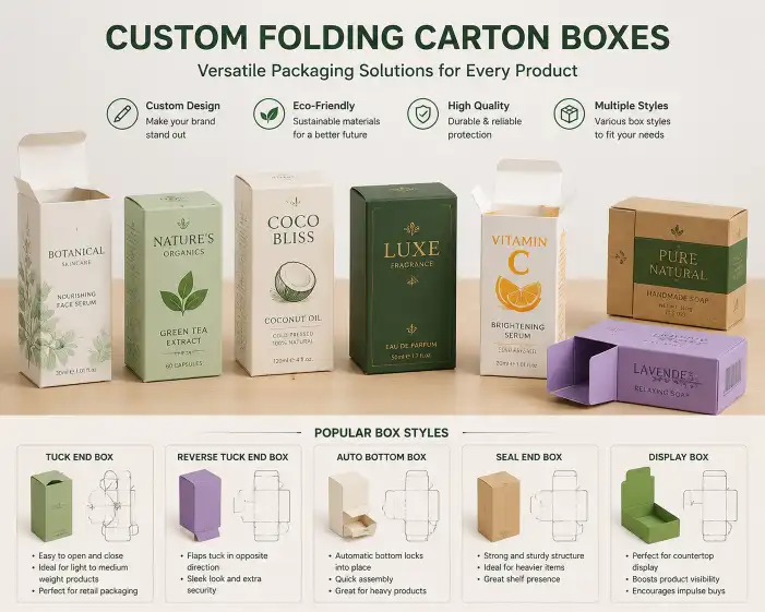 custom folding carton boxes in various styles including tuck end and auto bottom boxes for retail product packaging