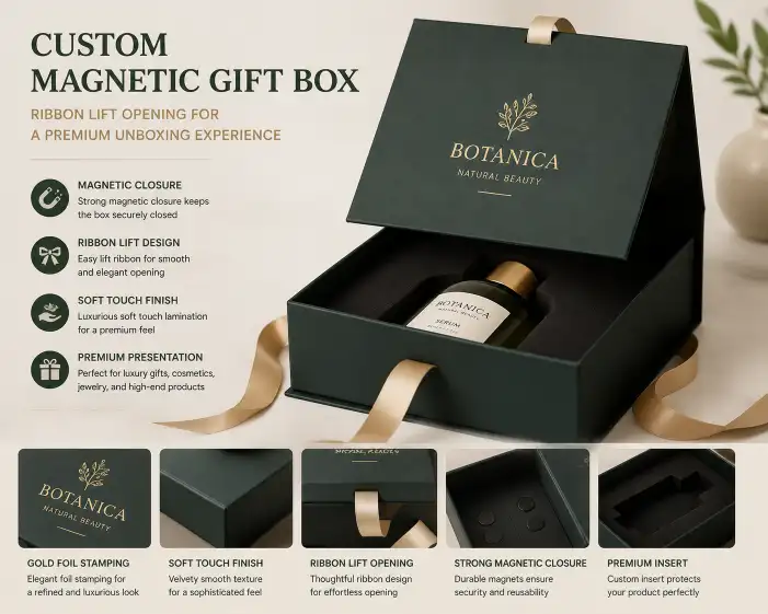 custom magnetic gift box with ribbon lift opening to reveal a product inside with soft touch finish