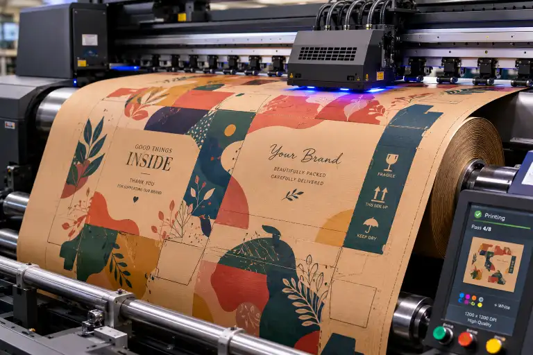 custom printed corrugated box roll being printed on digital printing machine