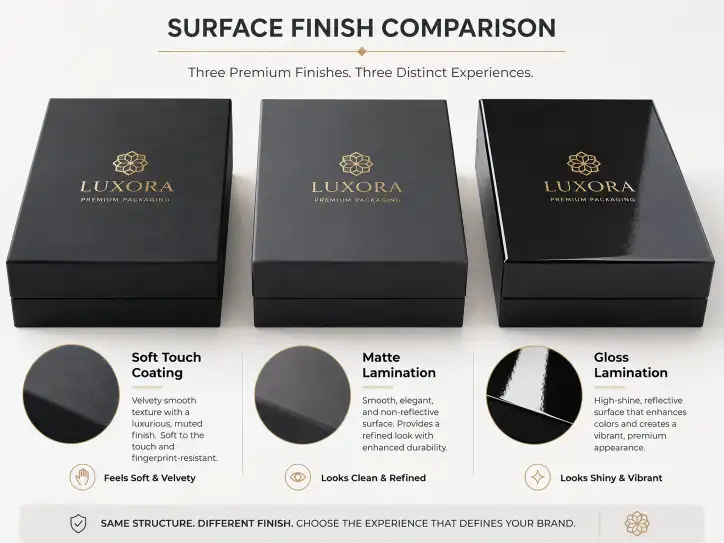 comparison of soft touch coating matte lamination and gloss lamination on rigid gift boxes showing the different visual and tactile effects