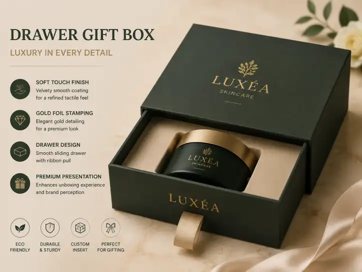 drawer gift box with soft touch finish and foil stamped tray front for luxury brand presentation
