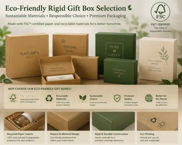 eco-friendly rigid gift box selection with FSC label and recyclable packaging materials
