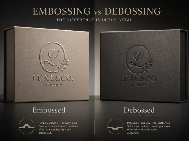 embossed logo raised above the surface and debossed logo pressed below the surface on rigid gift boxes showing the difference in tactile effect