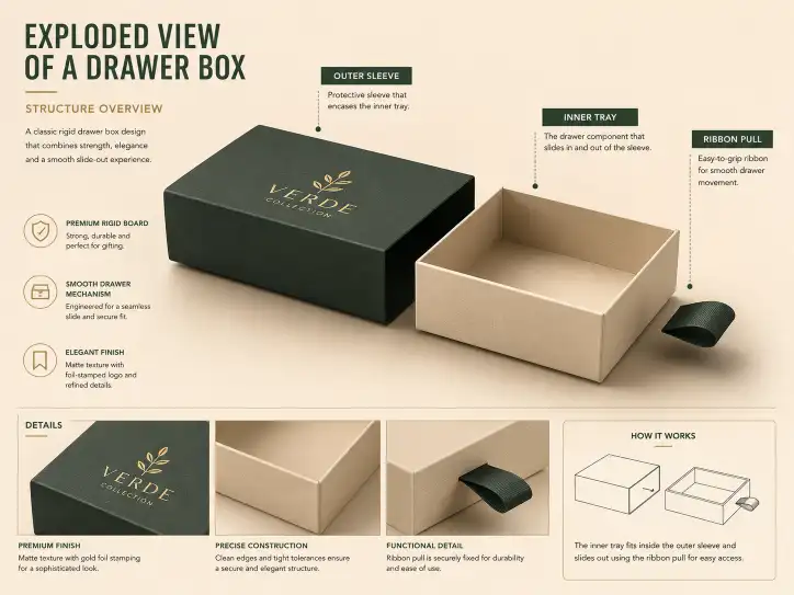 exploded view of a drawer box showing outer sleeve inner tray and ribbon pull components