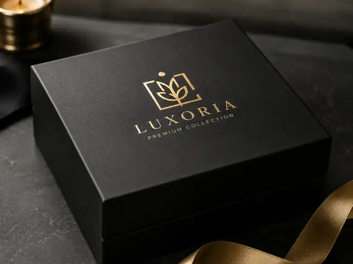 foil stamped gold logo on a matte black rigid gift box showing metallic shine and premium finish