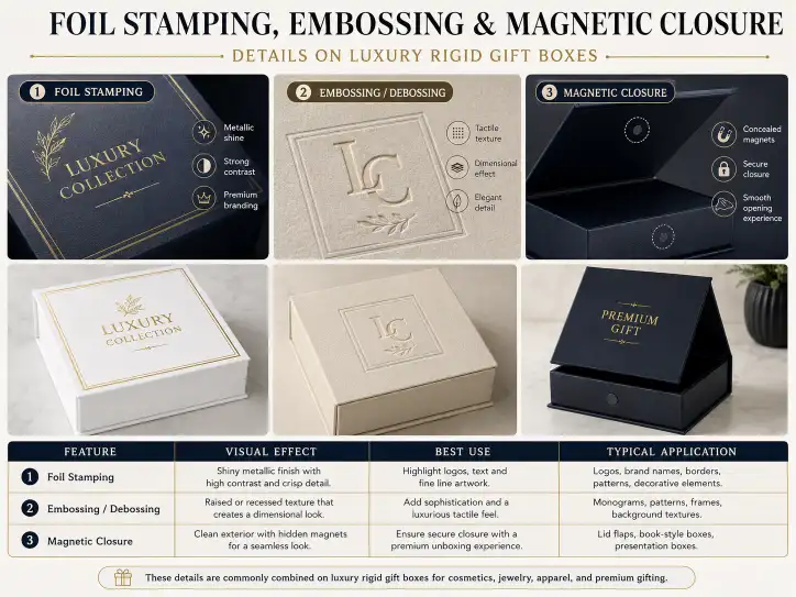 foil stamping embossing and magnetic closure details on luxury rigid gift boxes
