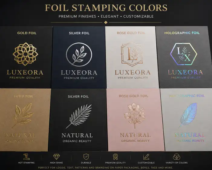 gold silver rose gold and holographic foil stamping samples on different colored paper surfaces showing the variety of metallic finishes