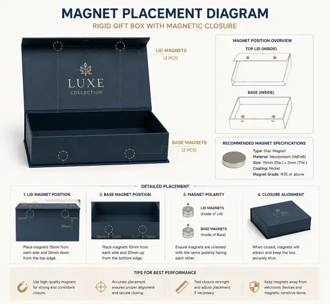 magnet placement diagram inside a rigid gift box showing disc magnet positions in lid and base