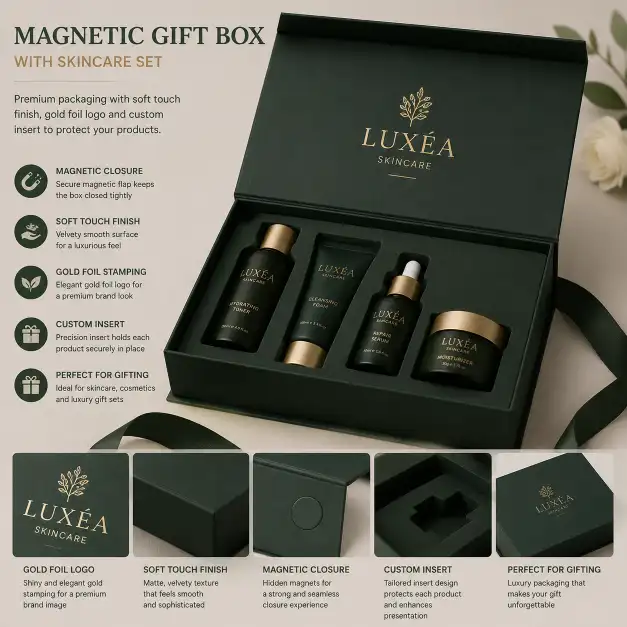 magnetic gift box with soft touch finish and foil stamped logo holding a skincare set with custom insert