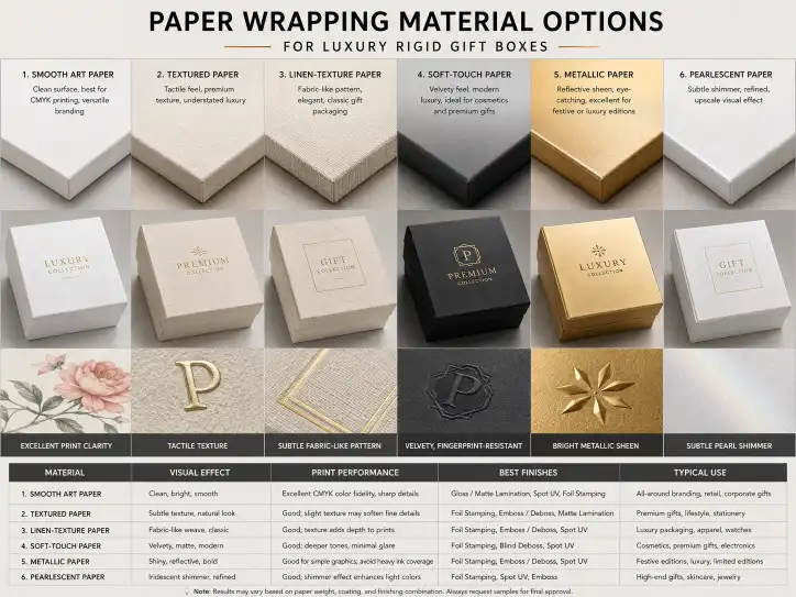 paper wrapping material options for luxury rigid gift boxes including textured and metallic finishes