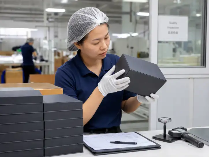 quality control inspector examining custom rigid box corners and surface finish at packaging factory