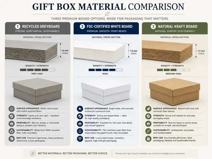 comparison of recycled greyboard FSC-certified white board and natural kraft board for gift box construction