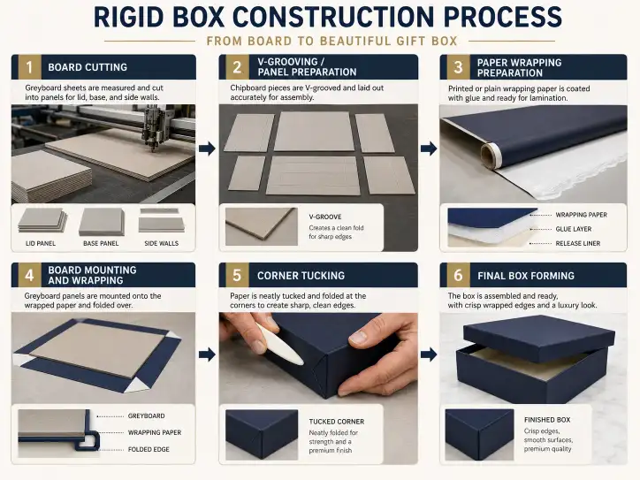 rigid box construction process showing board cutting paper wrapping and corner tucking
