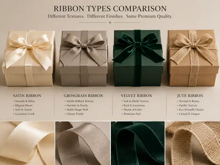 comparison of satin grosgrain velvet and jute ribbon types on rigid gift boxes showing different textures and finishes