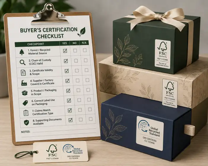 Buyer's certification checklist on a clipboard next to gift box samples with FSC and GRS labels