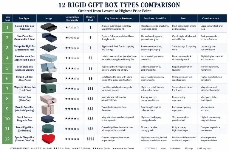 Comparison matrix of 12 gift box types with cost, complexity, and best-use criteria — organized from lowest to highest price point.