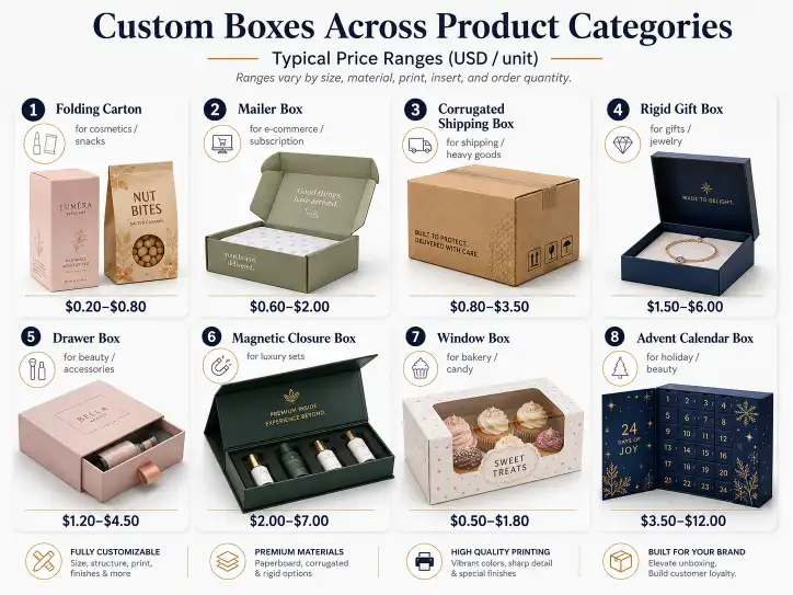 Custom boxes across product categories with typical price ranges