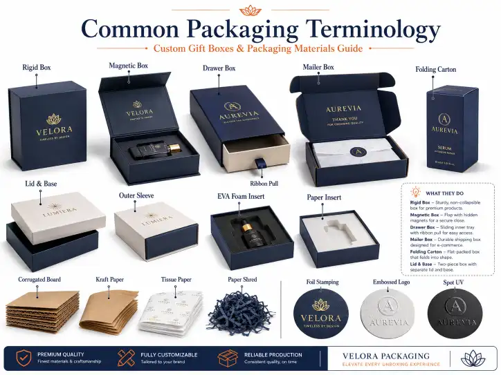 Custom gift boxes and packaging materials representing common packaging terminology