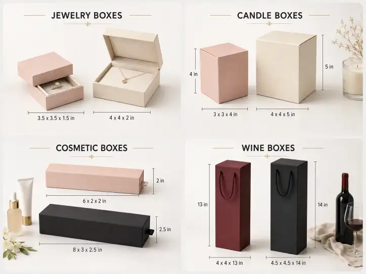 Custom gift boxes in different sizes arranged by product category: jewelry, candle, cosmetic, and wine boxes with labeled dimensions.