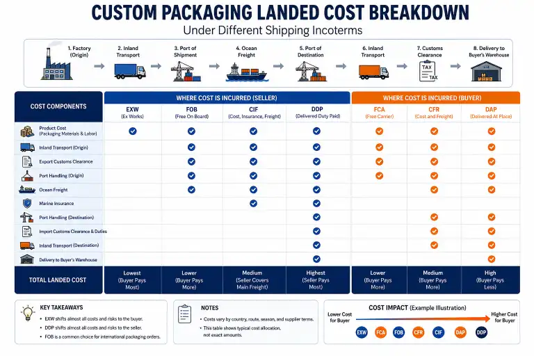 Custom packaging landed cost breakdown under different shipping incoterms