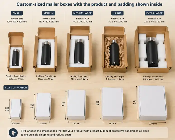Custom-sized mailer boxes with the product and padding shown inside