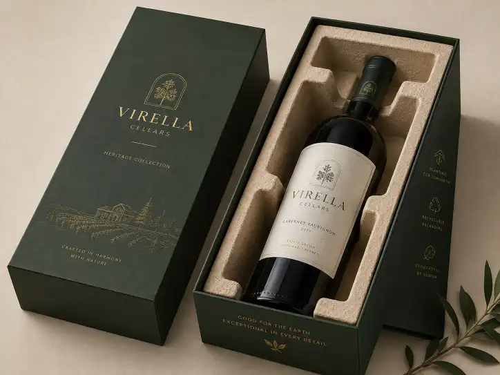 Custom wine gift box with a bottle secured in a molded pulp cradle
