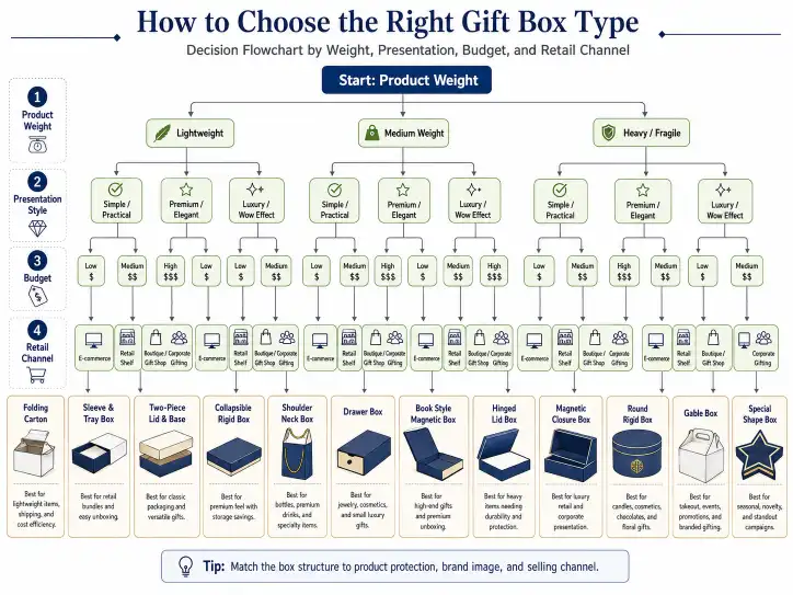 Decision flowchart for choosing a gift box type: start with product weight, then presentation style, then budget, then retail channel — leading to specific box type recommendations.