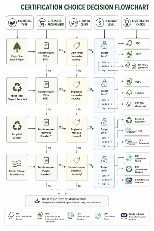 Decision flowchart: material type → retailer requirement → brand claim → budget → certification choice