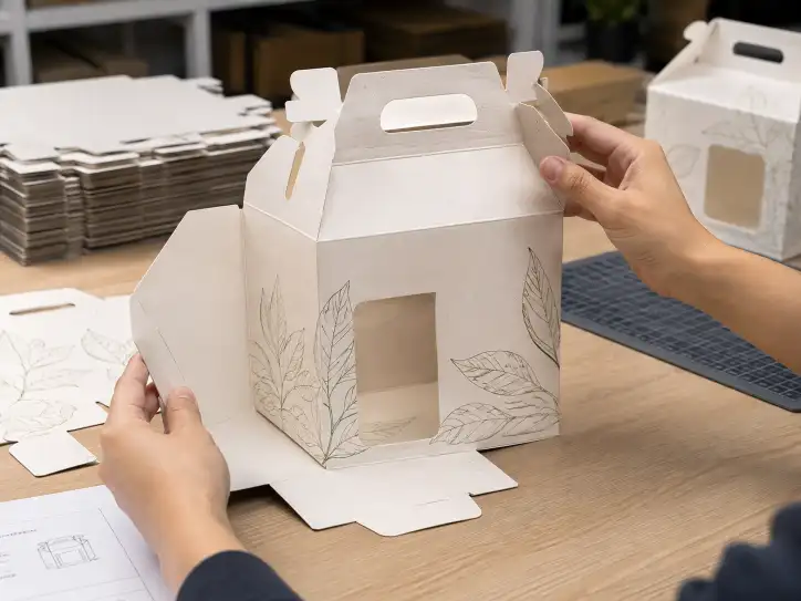 Die-cut gable box blank being folded with a clear window patch