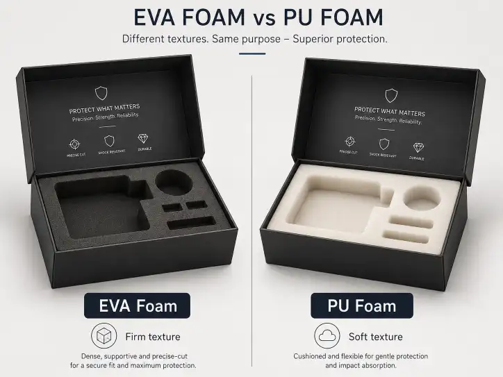 EVA foam and PU foam packaging inserts side by side showing firm and soft textures