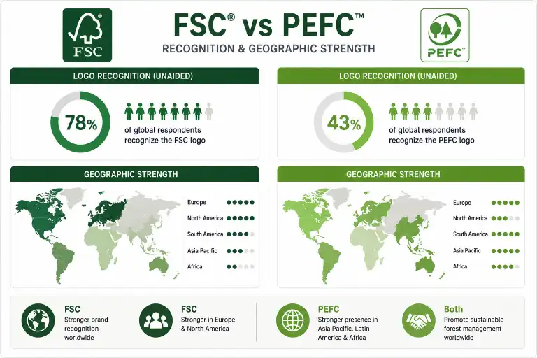 FSC vs PEFC comparison: logo recognition percentages and geographic strength by region