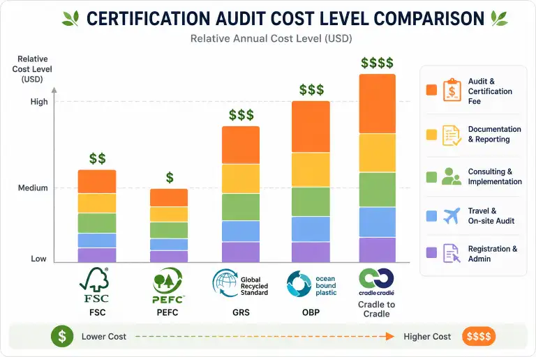 Five certification audit cost levels shown as a stacked bar chart comparing FSC, PEFC, GRS, OBP, and Cradle to Cradle
