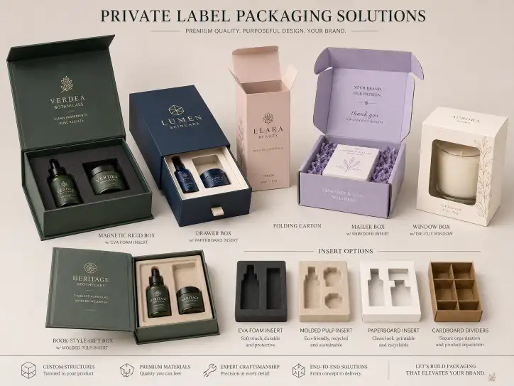 Private label packaging samples with different structures and inserts for comparison