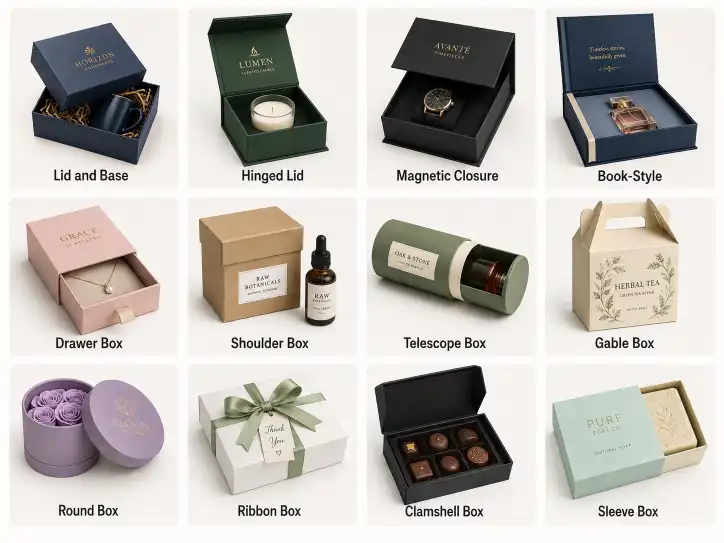 Twelve different gift box types arranged in a grid — lid and base, hinged lid, magnetic closure, book-style, drawer box, shoulder box, telescope box, gable box, round box, ribbon box, clamshell box, and sleeve box — each with a label and product example.