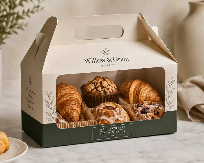 Window gable box holding pastries with a corrugated pad insert