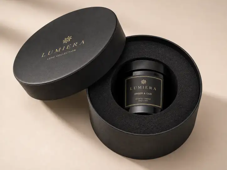Round EVA foam insert with a circular cavity holding a product inside a custom round gift box