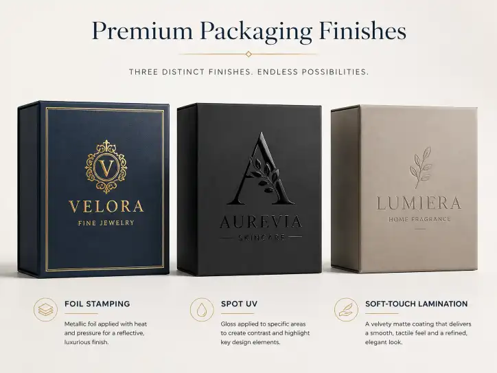 Custom boxes with foil stamping, spot UV, and soft-touch lamination finishes