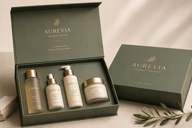 Private label skincare set in a magnetic rigid box with soft-touch finish