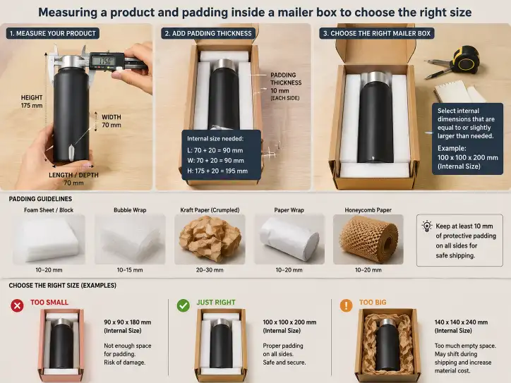 Measuring a product and padding inside a mailer box to choose the right size