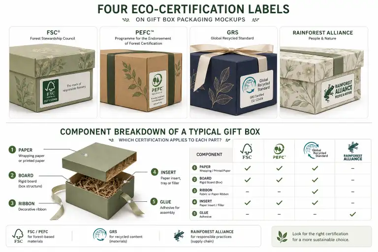Component breakdown of a typical gift box showing which certification applies to each part: paper, board, ribbon, insert, glue